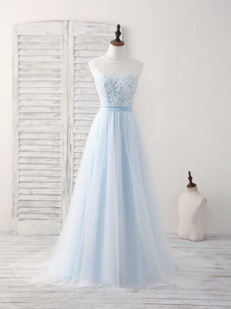Blue Round Neck Tulle Lace Applique Long Prom Dresses US 12 / Blue Blue Round Neck Tulle Lace Applique Long Prom Dresses US 12 / Blue