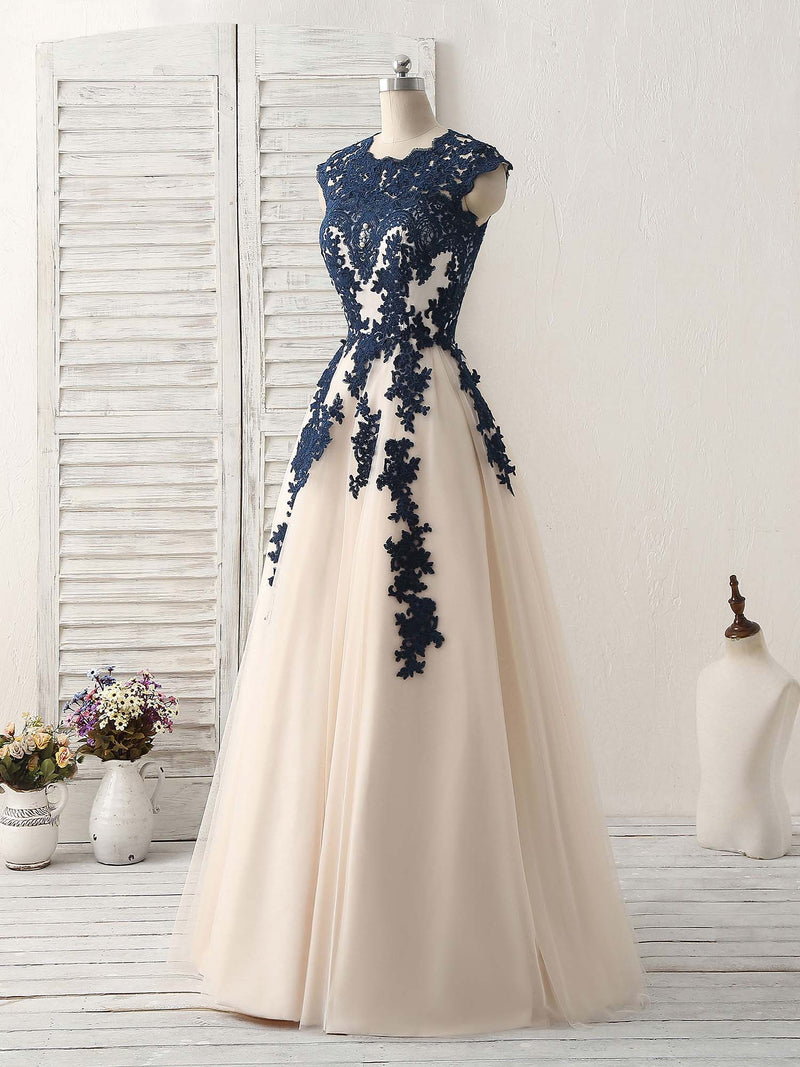 Dark Blue Lace Applique Tulle Long Prom Dress Blue Bridesmaid Dress US 10 / Dark Blue Dark Blue Lace Applique Tulle Long Prom Dress Blue Bridesmaid Dress US 10 / Dark Blue