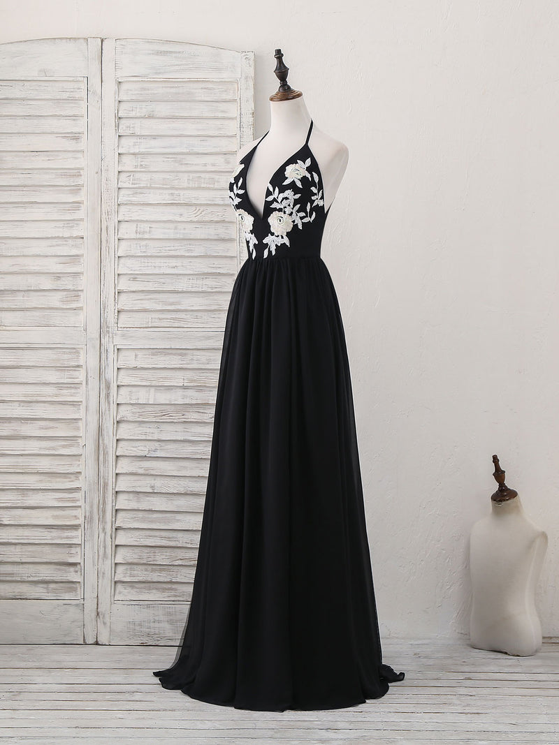 Black V Neck Chiffon Lace Long Prom Dress Black Evening Dress shopluu Black V Neck Chiffon Lace Long Prom Dress Black Evening Dress shopluu