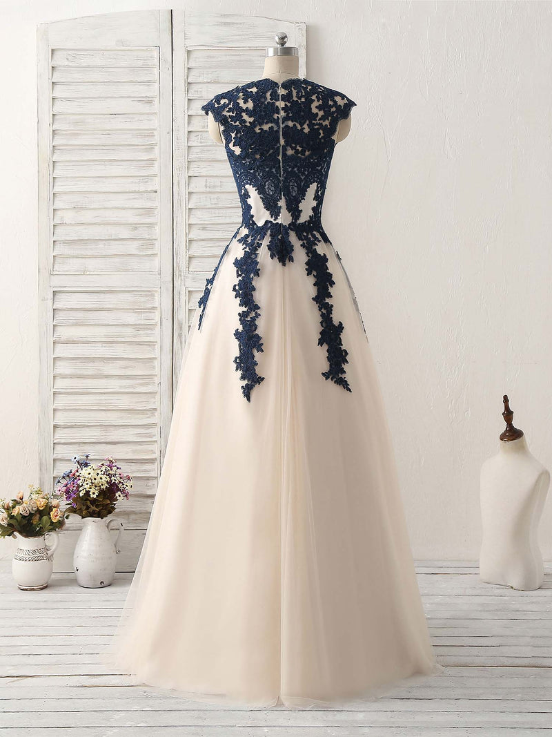 Dark Blue Lace Applique Tulle Long Prom Dress Blue Bridesmaid Dress US 10 / Dark Blue Dark Blue Lace Applique Tulle Long Prom Dress Blue Bridesmaid Dress US 10 / Dark Blue