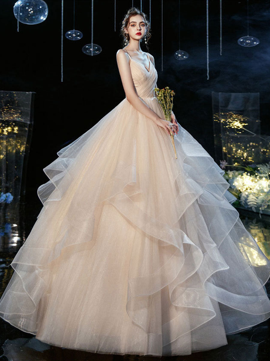 Champagne v neck tulle long wedding gown champagne wedding dress