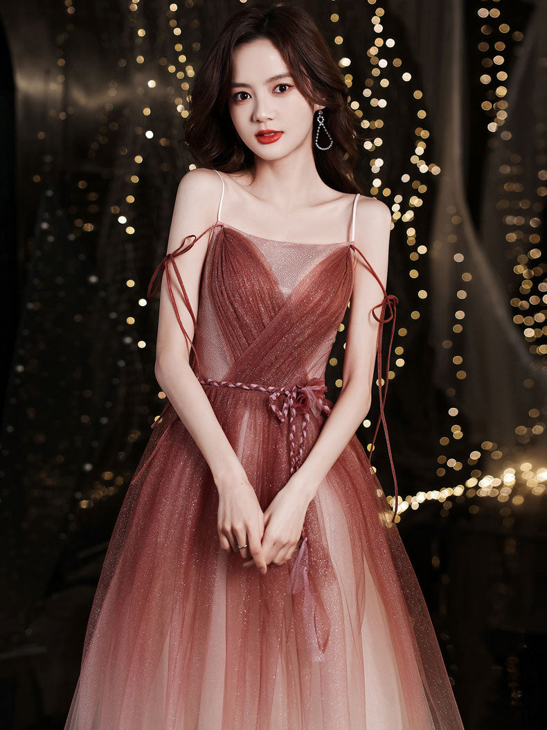 Simple Burgundy Tulle Long Prom Dress, Burgundy Formal Graduation