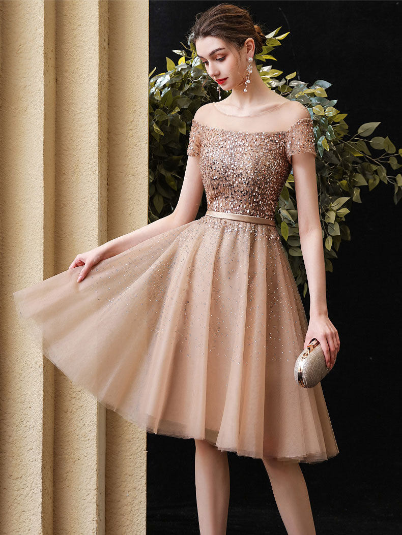 Champagne Round Neck Tulle Sequin Short Prom Dress Champagne Homecoming Dress US 8 / Custom Color Champagne Round Neck Tulle Sequin Short Prom Dress Champagne Homecoming Dress US 8 / Custom Color
