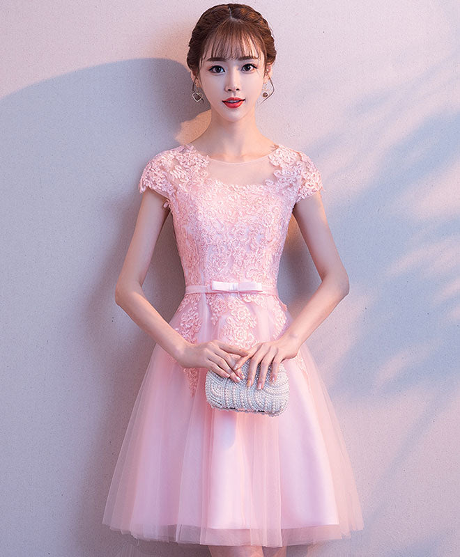 Pink Round Neck Tulle Lace Short Prom Dress Pink Homecoming Dress