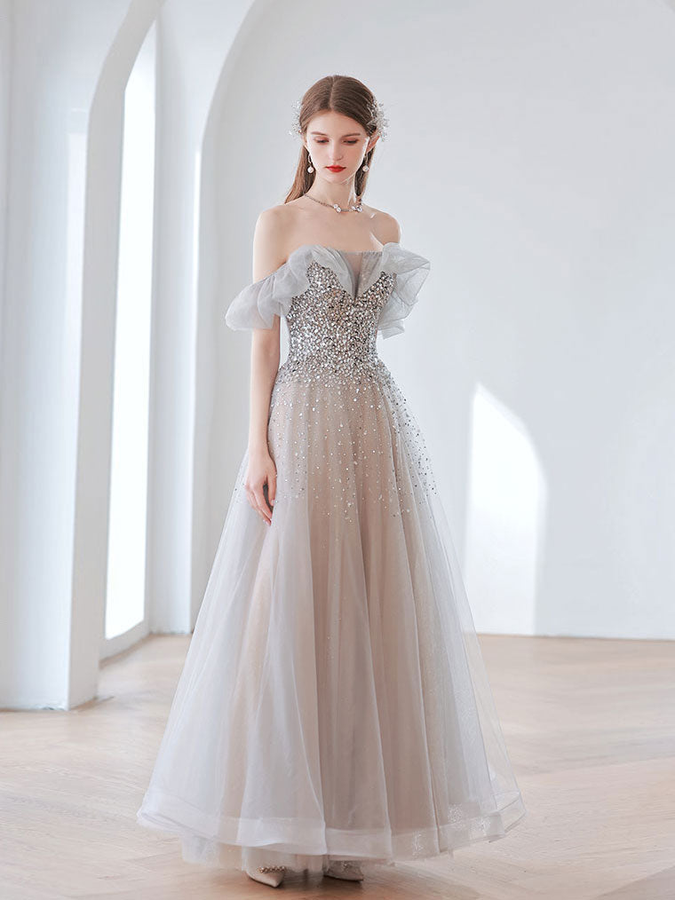 Elegant Gray Tulle Sequin Long Prom Dress, Gray Tulle Evening Dresses