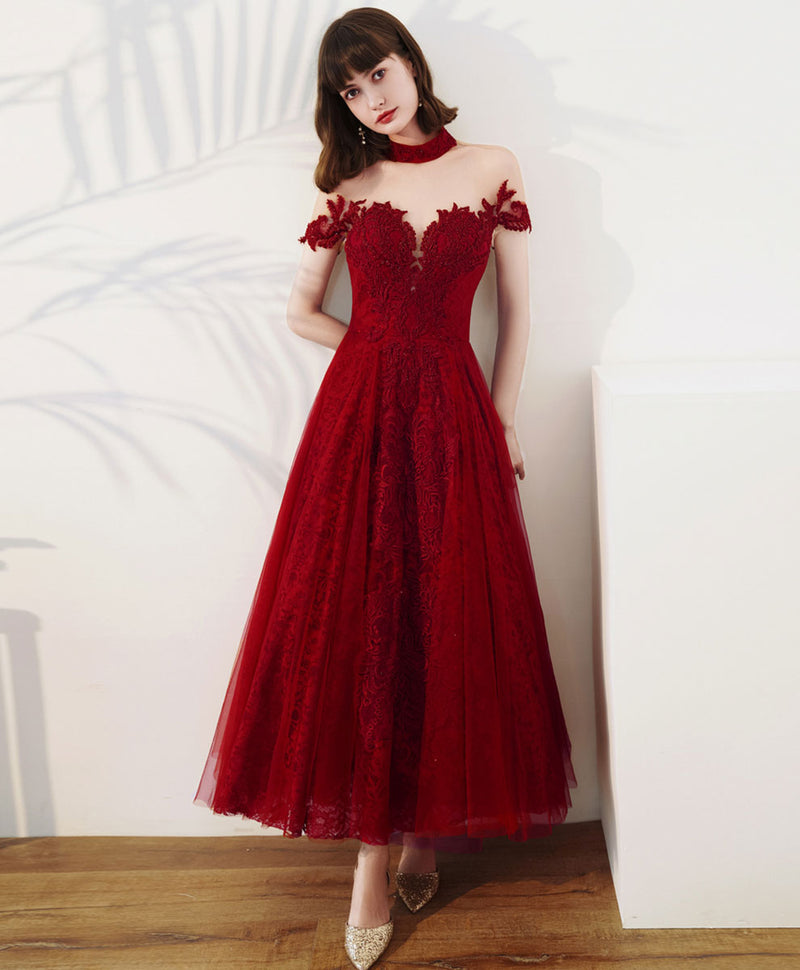 Burgundy High Neck Tulle Lace Tea Length Prom Dress, Lace Formal Evening Dress Custom Size / Custom Color Burgundy High Neck Tulle Lace Tea Length Prom Dress, Lace Formal Evening Dress Custom Size / Custom Color
