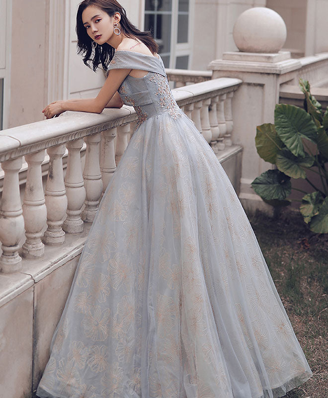 A-Line Sweetheart Off Shoulder Lace Long Prom Dress Tulle Evening Dress