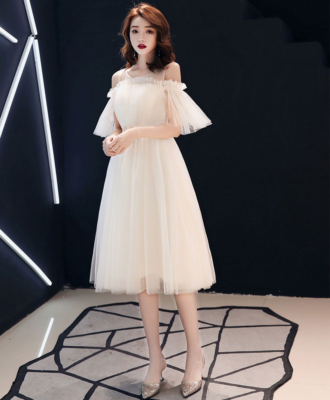 Light Champagne Tulle Short Prom Dress, Champagne Tulle Homecoming Dress