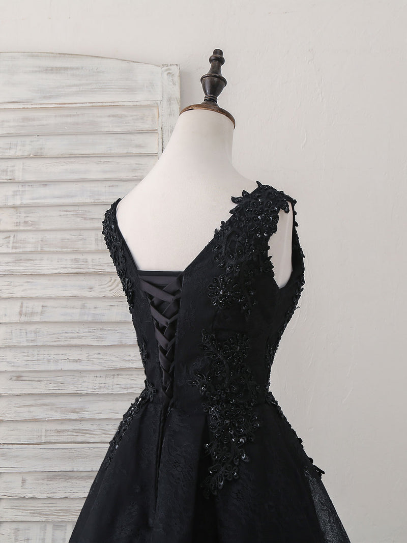 Black V Neck Lace V Neck Short Prom Dress, Black Homecoming Dress
