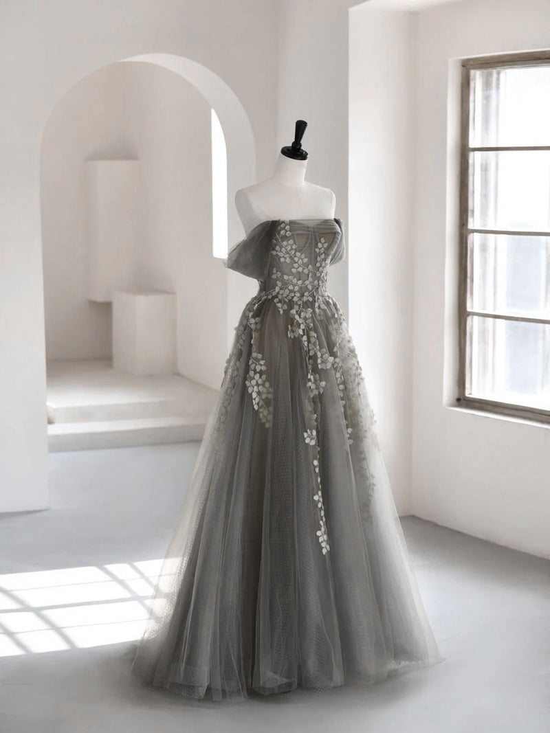 Gray Tulle Lace Long Prom Dress, A-Line Off The Shoulder Evening Dress US 8 / Custom Color Gray Tulle Lace Long Prom Dress, A-Line Off The Shoulder Evening Dress US 8 / Custom Color