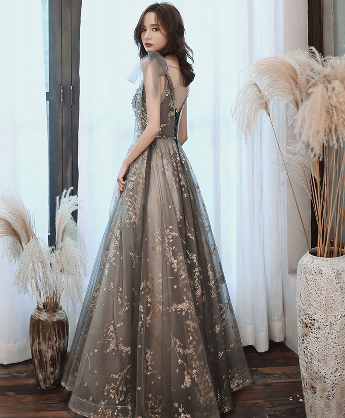 Gray V Neck Tulle Lace Sequin Long Prom Dress Gray Tulle Formal Dress