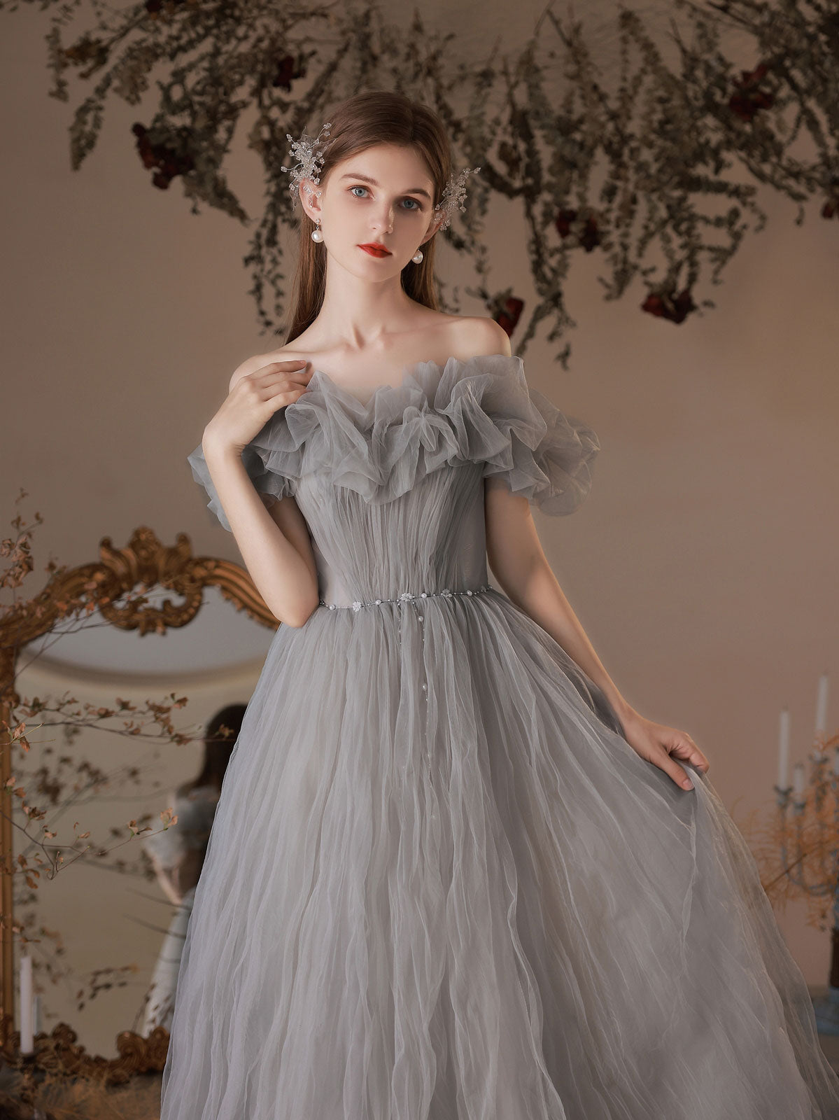 Gray Tulle Off Shoulder Long Prom Dress, Gray Tulle Formal Dress