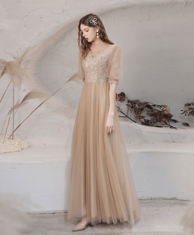 Champagne High Neck Tulle Lace Long Prom Dress, Champagne Graduation Dress US 12 / Champagne Champagne High Neck Tulle Lace Long Prom Dress, Champagne Graduation Dress US 12 / Champagne