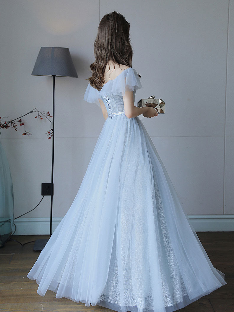 Simple Light Blue Tulle Lace Long Prom Dress, Lace Long Bridesmaid Dress