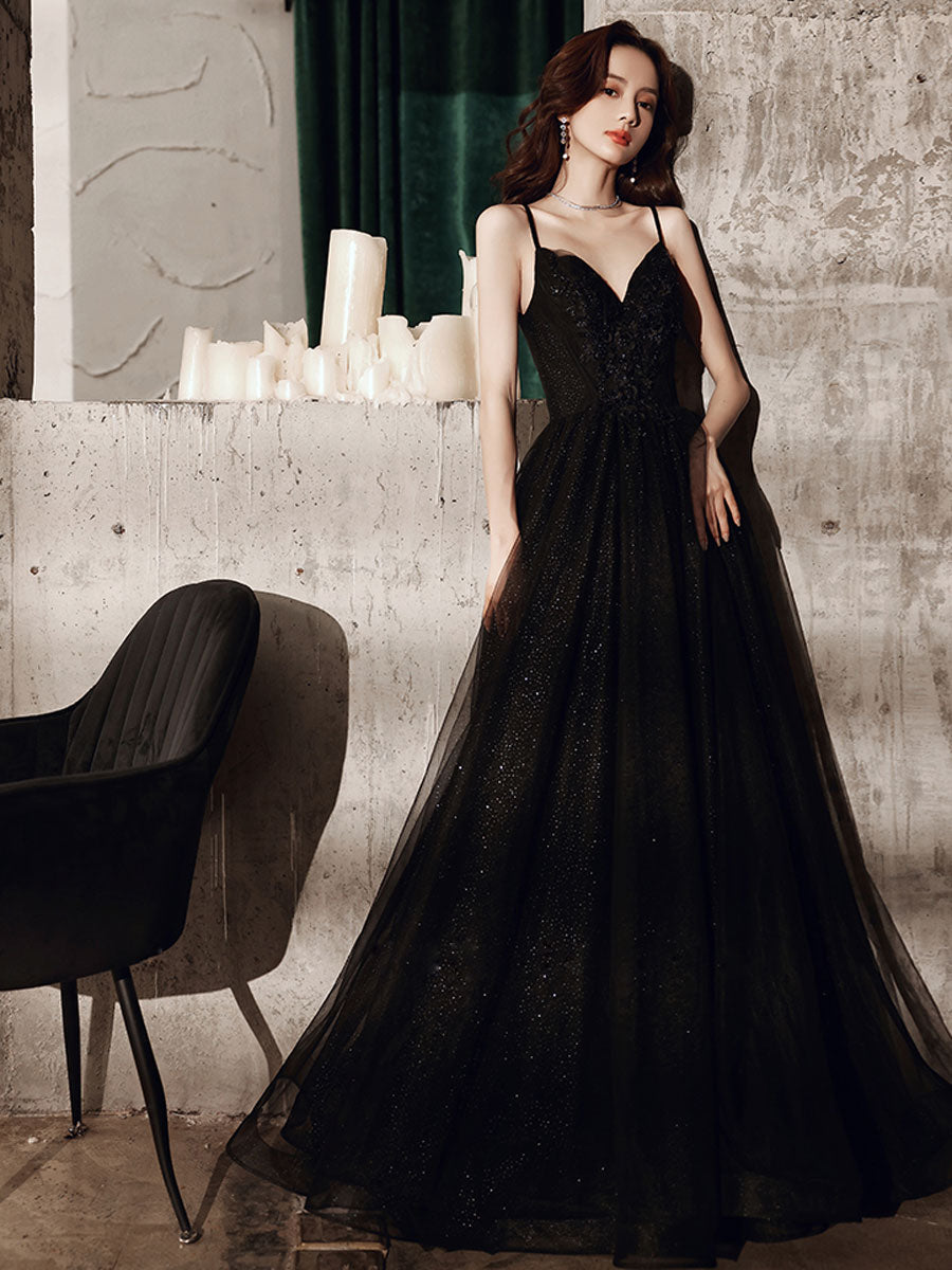 Black V Neck Tulle Lace Long Prom Dress Black Evening Dress