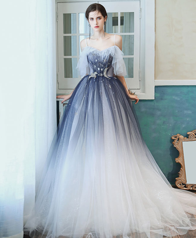 A-Line Sweetheart Tulle Blue Long Prom Dress Blue Tulle Evening Dress
