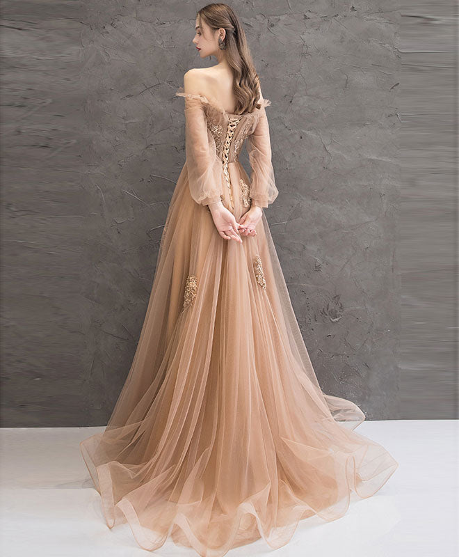 Champagne Tulle Lace Long Prom Dress Champagne Tulle Evening Dress