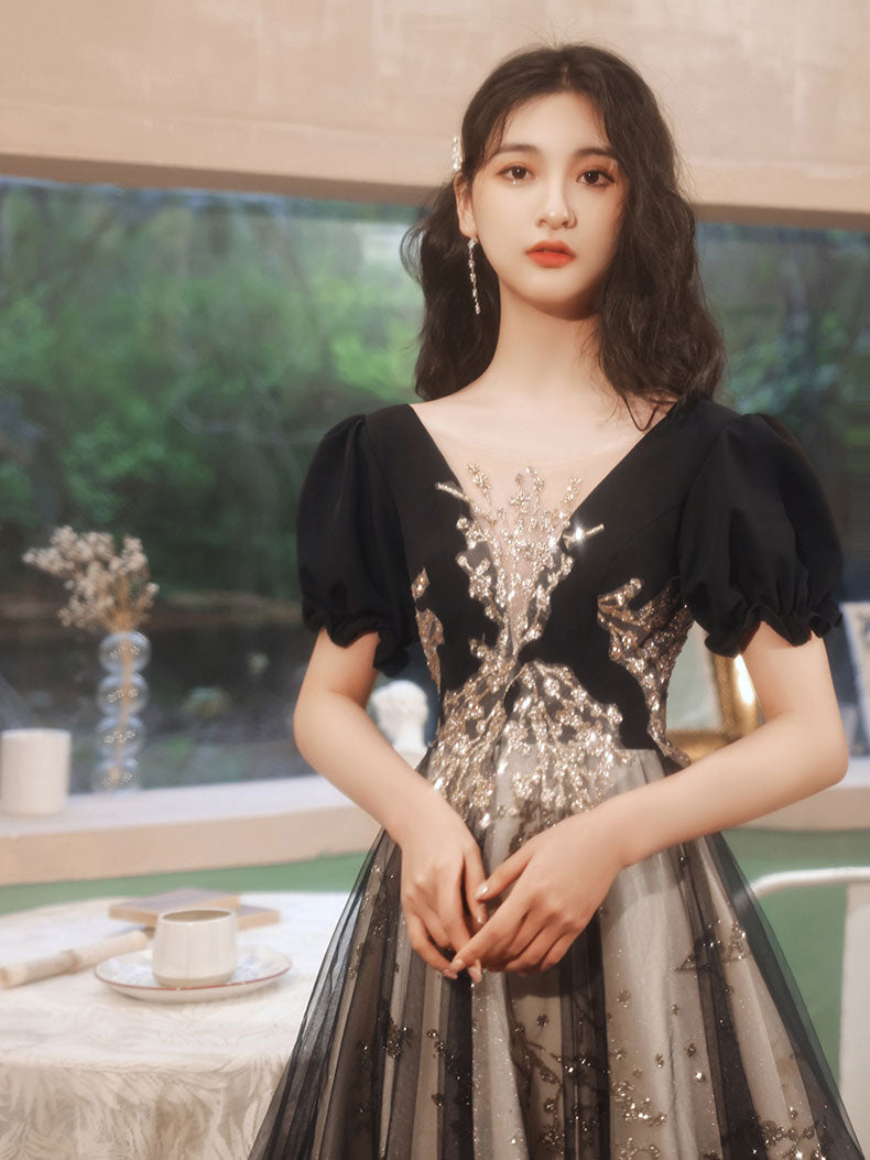 Black V Neck Tulle Lace Short Prom Dress, Black Lace Homecoming Dress US 6 / Black Black V Neck Tulle Lace Short Prom Dress, Black Lace Homecoming Dress US 6 / Black