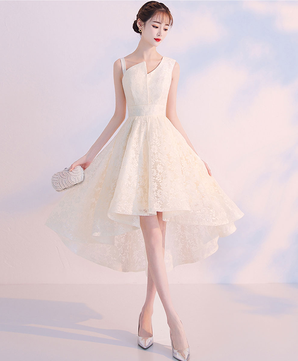 Champagne Lace High Low Prom Dress Lace Cocktail Dress, Cute Homecoming Dress