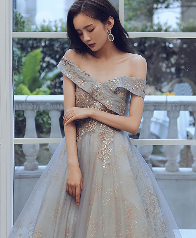 A-Line Sweetheart Off Shoulder Lace Long Prom Dress Tulle Evening Dress