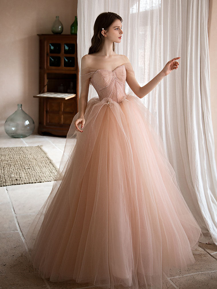 Pink Sweetheart Neck Tulle Long Prom Dress, Pink Evening Dress – shopluu