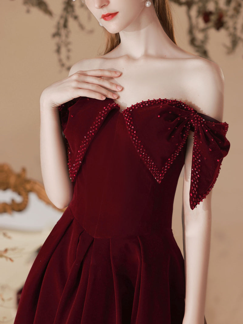 Cute Velvet Short A-Line Prom Dress, Burgundy Off the Shoulder Party D