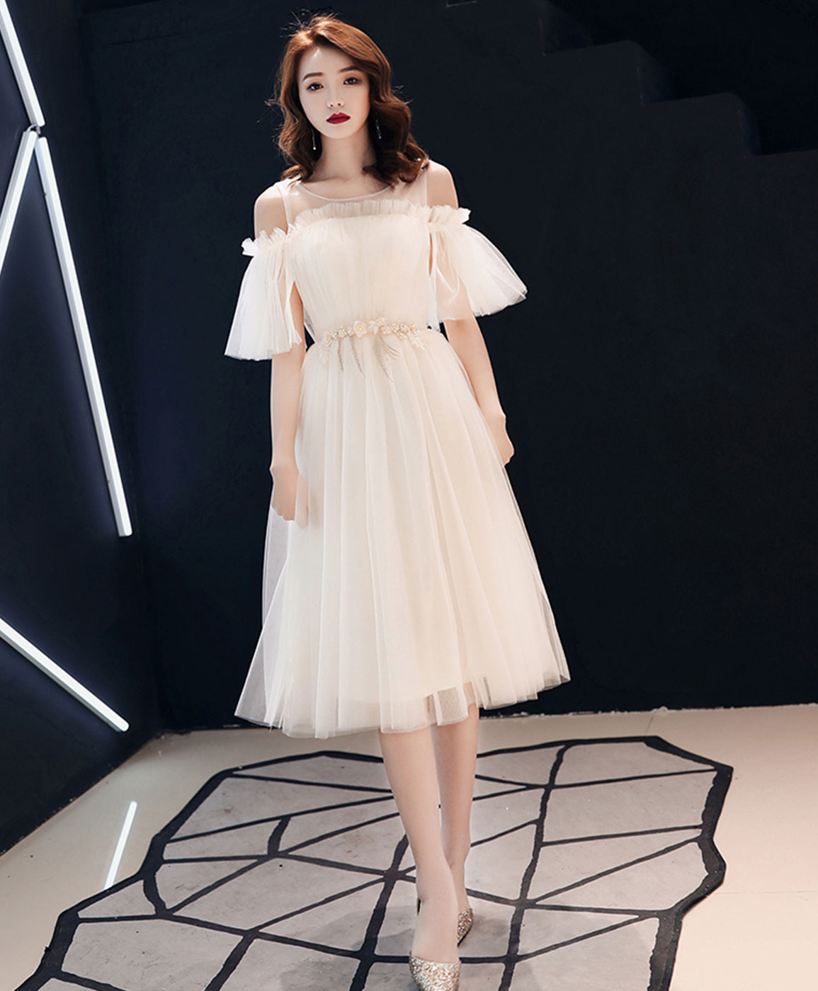 Light Champagne Tulle Short Prom Dress, Champagne Tulle Homecoming Dress