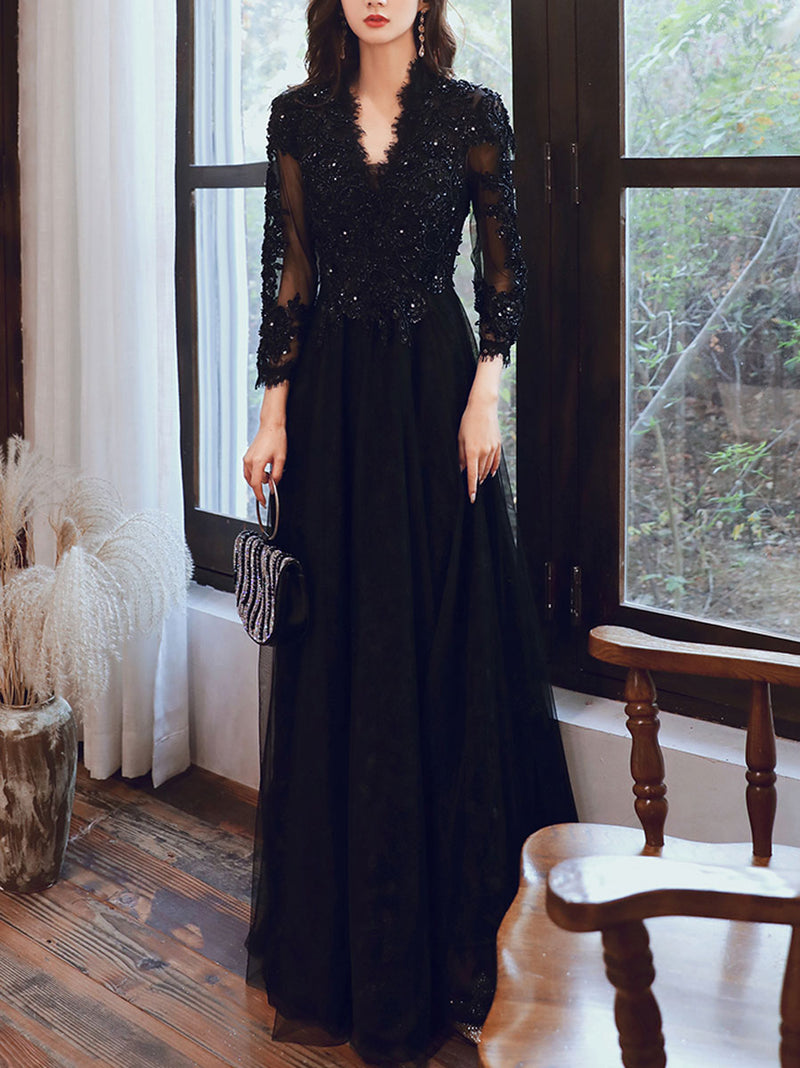 Black V Neck Tulle Lace Beads Long Prom Dress, Black Tulle Evening Dresses US 10 / Custom Color Black V Neck Tulle Lace Beads Long Prom Dress, Black Tulle Evening Dresses US 10 / Custom Color