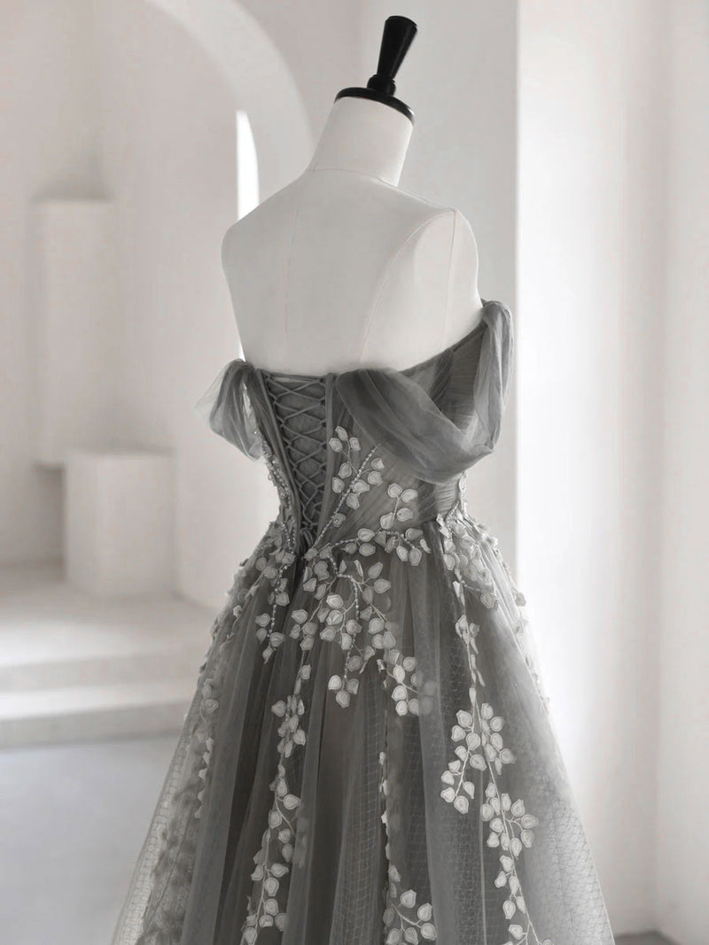 Gray Tulle Lace Long Prom Dress, A-Line Off The Shoulder Evening Dress US 8 / Custom Color Gray Tulle Lace Long Prom Dress, A-Line Off The Shoulder Evening Dress US 8 / Custom Color