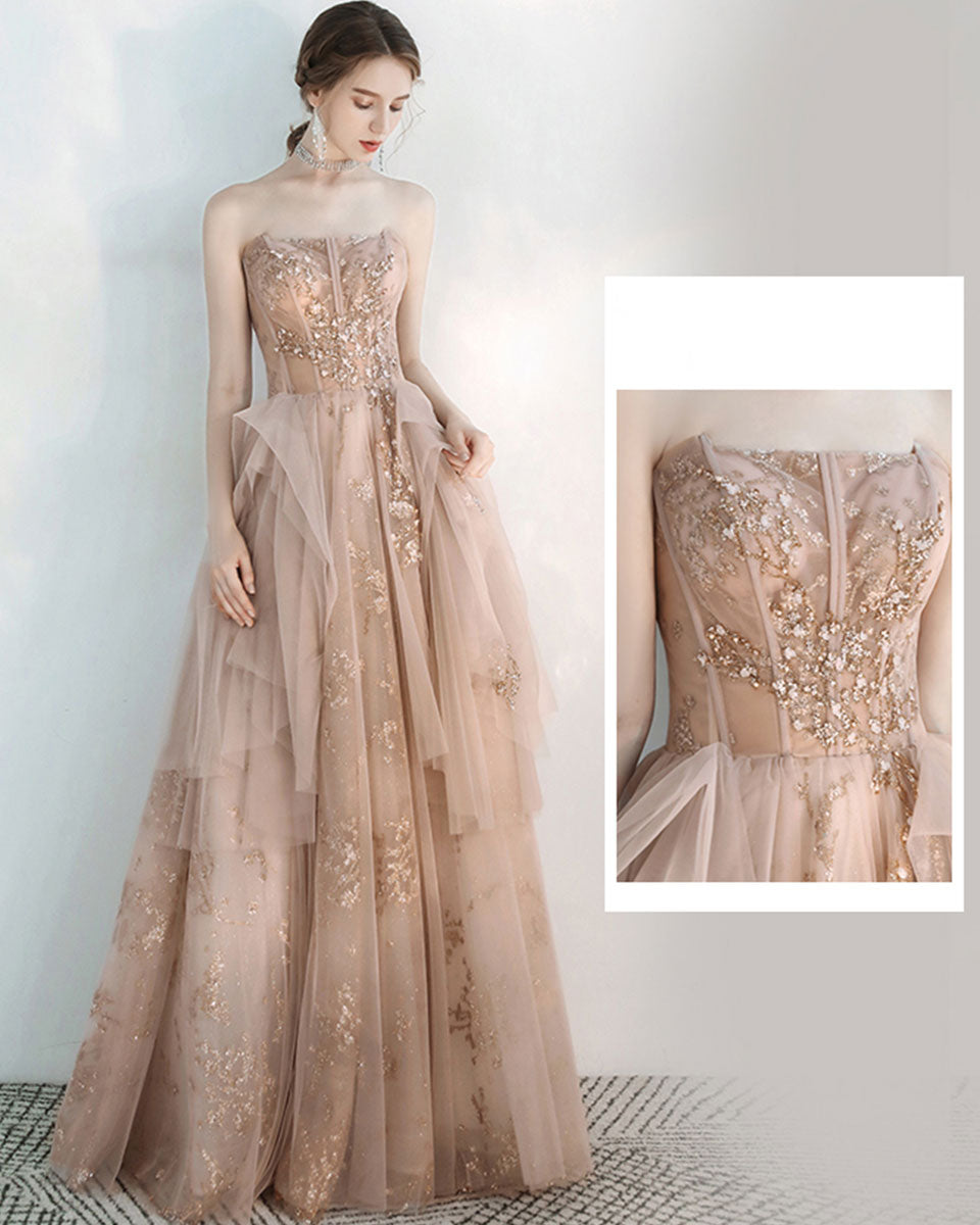 Champagne Sweetheart Tulle Lace Long Prom Dress, Sequin Formal Graduation Dress