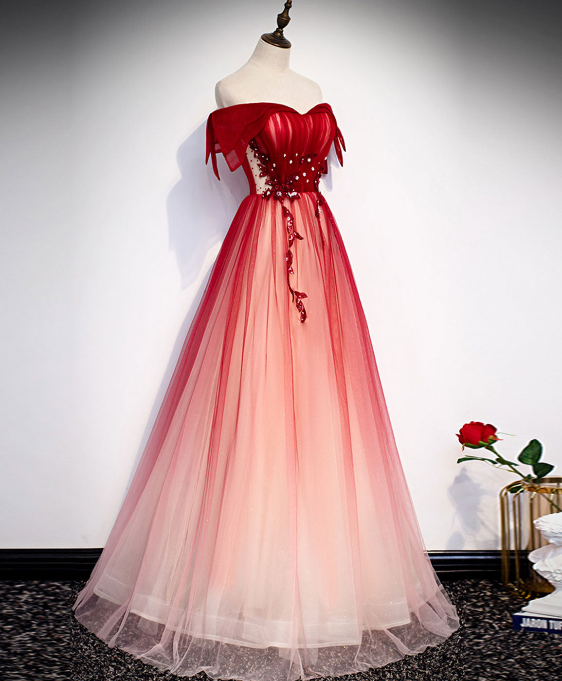 Burgundy Off Shoulder Tulle Long Prom Dress Burgundy Formal Dress