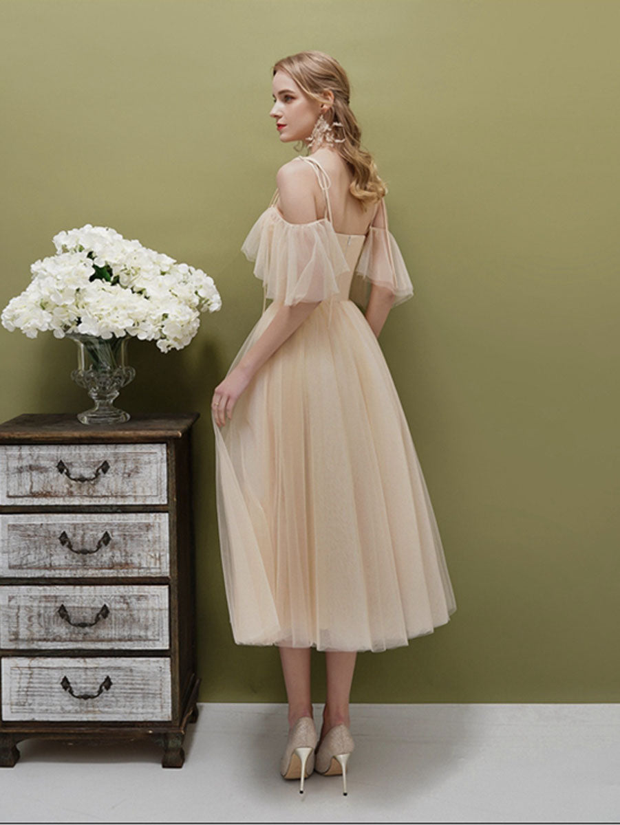 Simple A-line Champagne Tulle Short Prom Dress, Champagne HDRomecoming dress