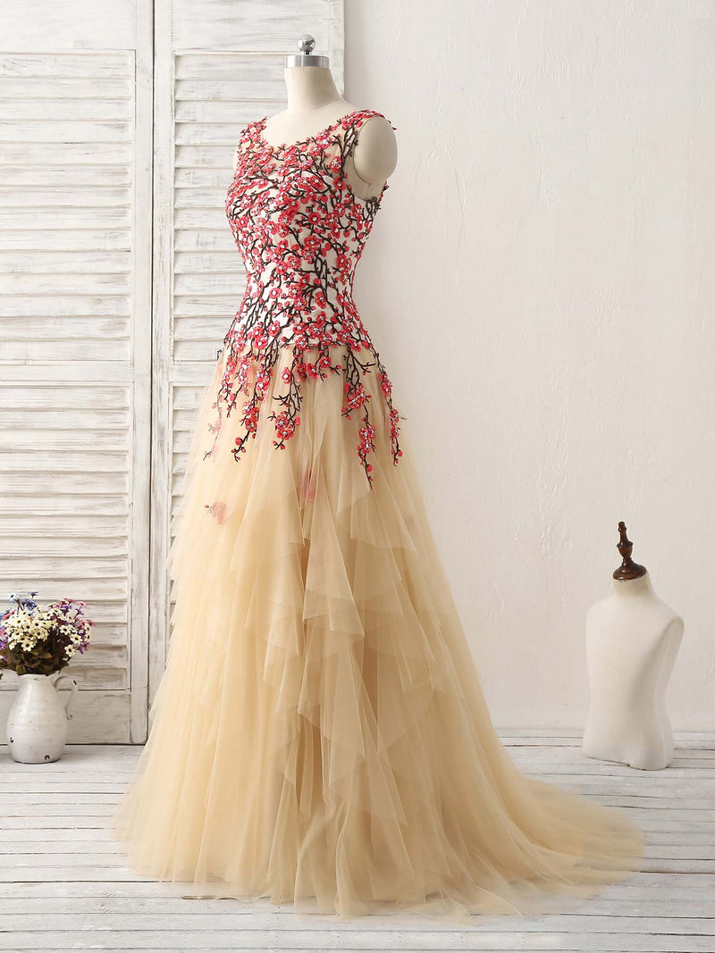 Champagne Tulle Long Prom Dress Lace Applique Evening Dress US 12 / Custom Color Champagne Tulle Long Prom Dress Lace Applique Evening Dress US 12 / Custom Color