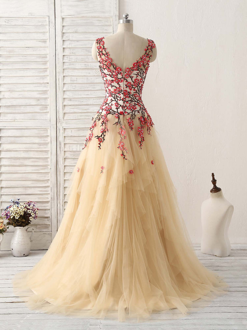 Champagne Tulle Long Prom Dress Lace Applique Evening Dress US 6 / Custom Color Champagne Tulle Long Prom Dress Lace Applique Evening Dress US 6 / Custom Color