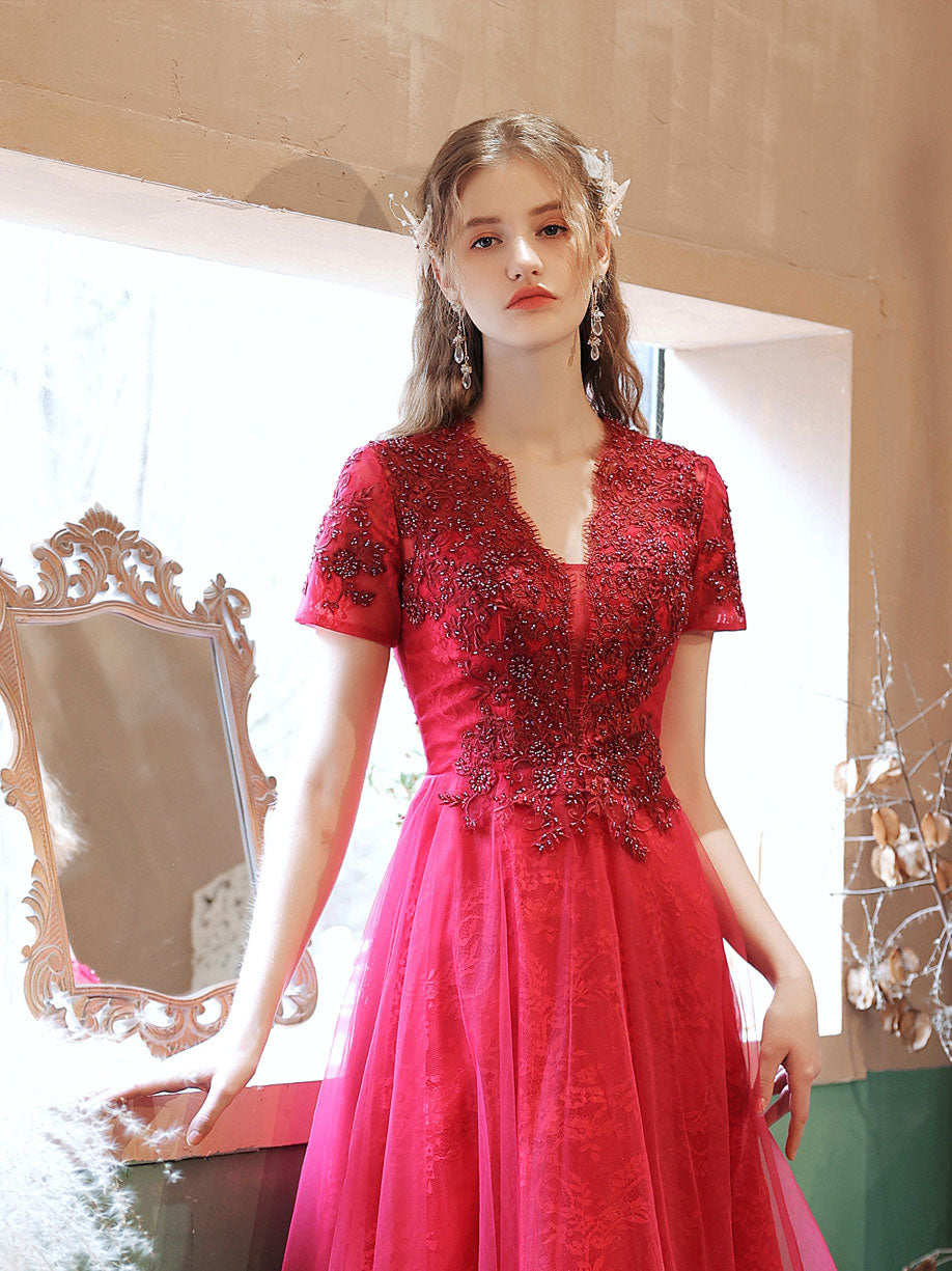 Burgundy V Neck Tulle Lace Beads Short Prom Dress, Burgundy Homecoming Dress