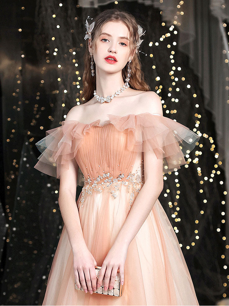 Champagne Sweetheart Neck Tulle Long Prom Dress, Tulle Formal Dress