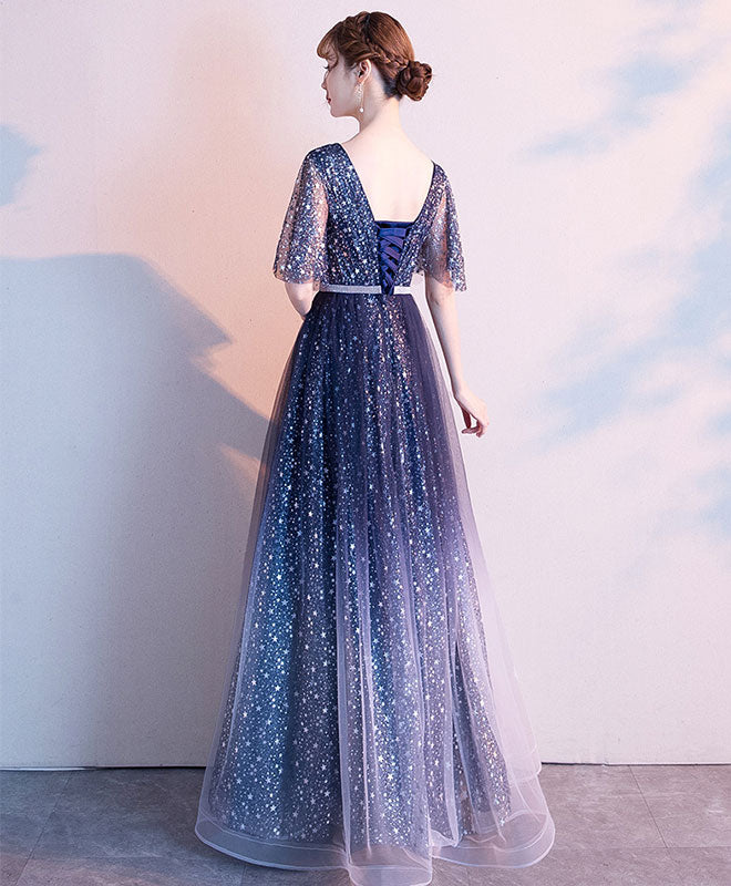 Blue Tulle Sequin Long Prom Dress Blue Evening Dress