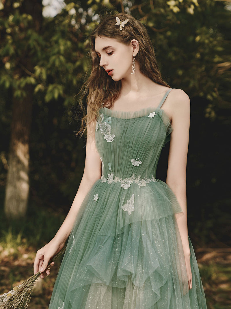 Stylish Dark Green Tulle Long Prom Dresses with Lace Appliques