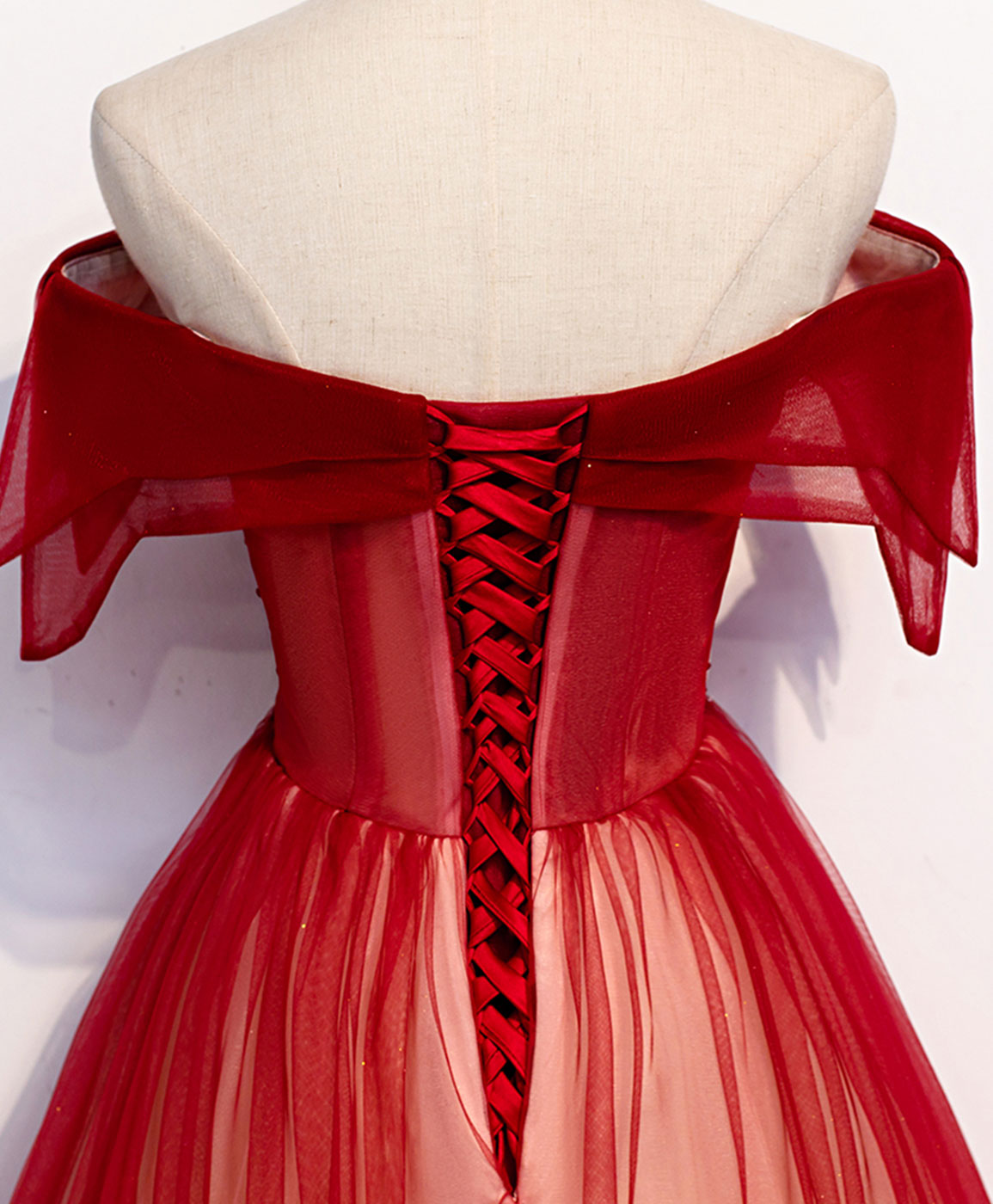 Burgundy Off Shoulder Tulle Long Prom Dress Burgundy Formal Dress