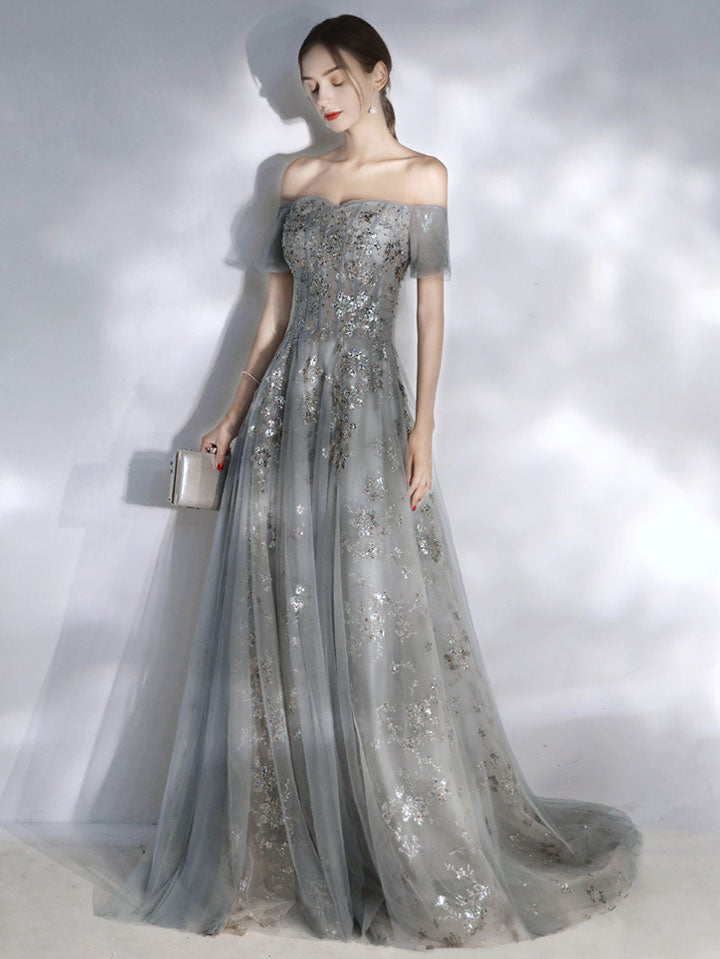 Gray Tulle Sequin Lace Long Prom Dress, Gray Tulle Formal Dress