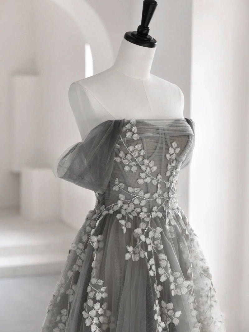 Gray Tulle Lace Long Prom Dress, A-Line Off The Shoulder Evening Dress US 8 / Custom Color Gray Tulle Lace Long Prom Dress, A-Line Off The Shoulder Evening Dress US 8 / Custom Color