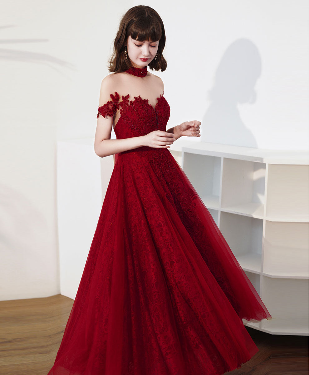 Burgundy High Neck Tulle Lace Tea Length Prom Dress, Lace Formal Evening Dress
