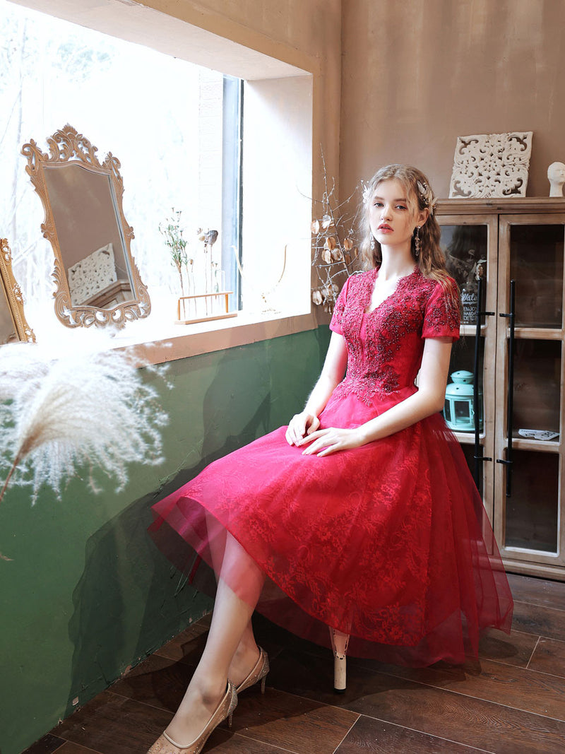 Burgundy V Neck Tulle Lace Beads Short Prom Dress, Burgundy Homecoming Dress US 14 / Burgundy Burgundy V Neck Tulle Lace Beads Short Prom Dress, Burgundy Homecoming Dress US 14 / Burgundy