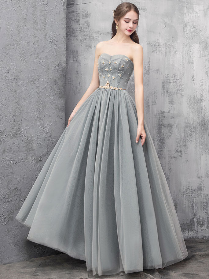 Gray A-line Tulle Long Prom Dress Gray A-line Formal Evening Dress shopluu Gray A-line Tulle Long Prom Dress Gray A-line Formal Evening Dress shopluu