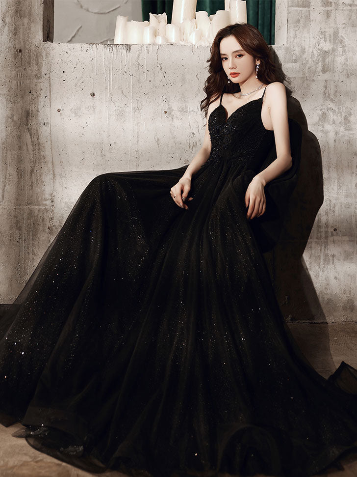 Black V Neck Tulle Lace Long Prom Dress Black Evening Dress