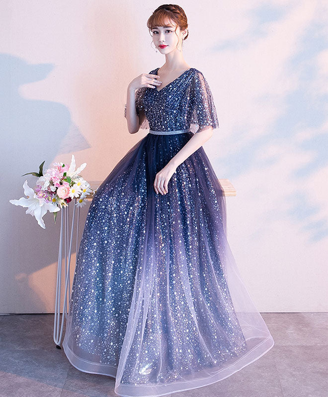 Blue Tulle Sequin Long Prom Dress Blue Evening Dress