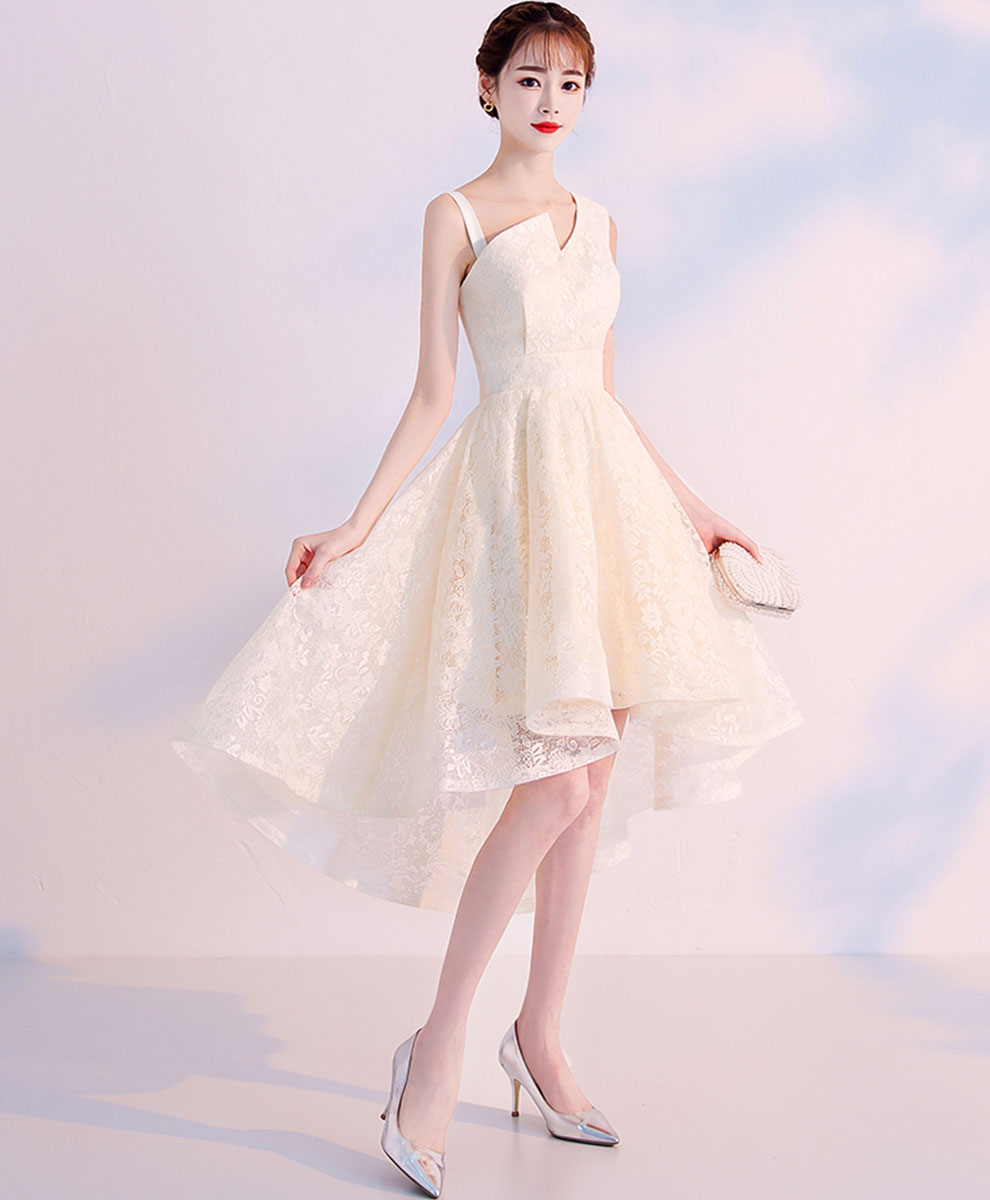 Champagne Lace High Low Prom Dress Lace Cocktail Dress, Cute Homecoming Dress