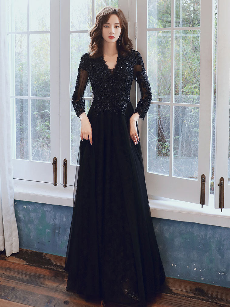 Black V Neck Tulle Lace Beads Long Prom Dress, Black Tulle Evening Dresses