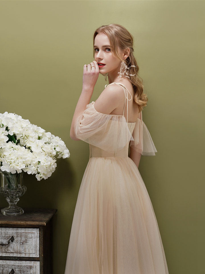 Simple A-line Champagne Tulle Short Prom Dress, Champagne HDRomecoming dress