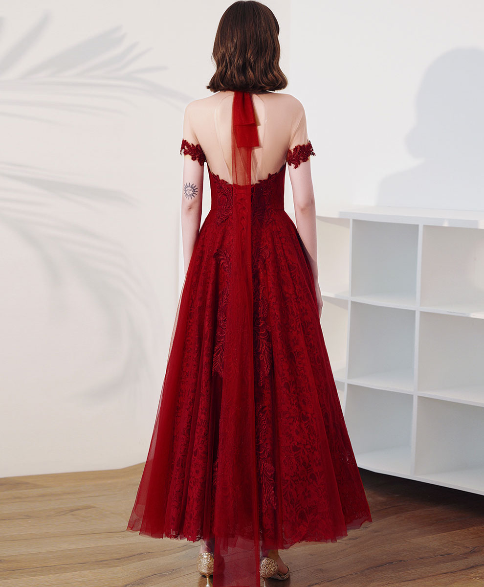 Burgundy High Neck Tulle Lace Tea Length Prom Dress, Lace Formal Evening Dress